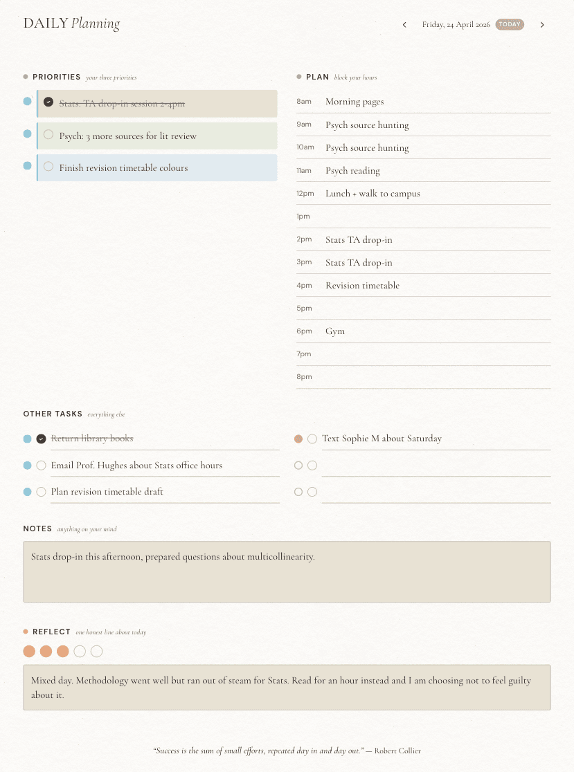 Daily planning page inside the planner